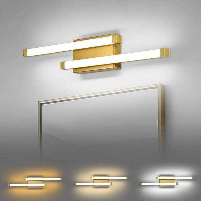 Bathroom Vanity Light Bar, 24 Inch Modern LED Bath Light, 18W 3 CCT 3000K 4000K 6000K Dimmable Hardwired Acrylic Vanity Light Bar Over Mirror, Gold, Bathroom, Bedroom, Hallway, Powder Room, Washroom