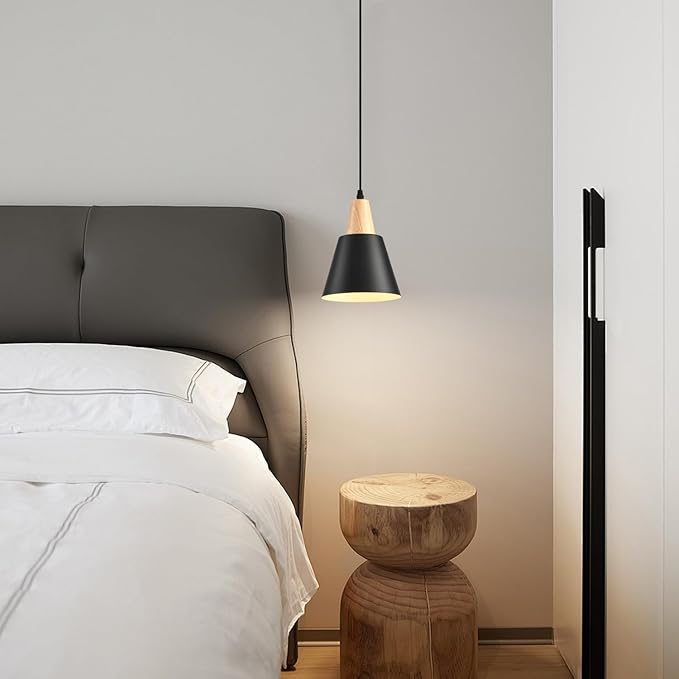 3 Pack Pendant Lights, Black Pendant Lights Kitchen Island,Wood Dome Minimalist Industrial Ceiling Hanging Lights for Kitchen Island, Barn, Dining Room, Living Room, Bedroom