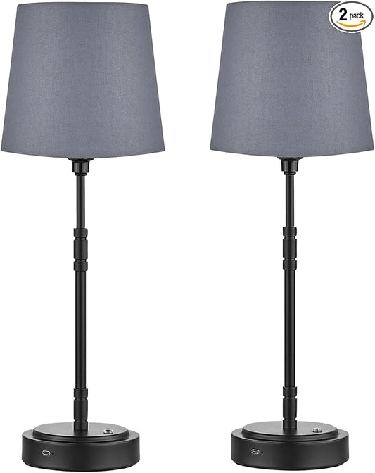 Cordless Table Lamps Set of 2 – Battery Operated Lamp with 7500mAh Rechargeable Battery, Stepless Dimmable Black Lamps with Grey Shade, Wireless Lamps for Dining Room & Nightstand (Bulbs Included)