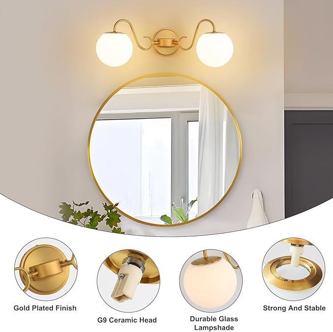 2 Lights Bathroom Vanity Light Fixtures Over Mirror, Brushed Gold Vintage Vanity Lights For Bathroom With Milk White Glass Globe Shade, Wall Lights For Bedroom, Hallway, Dressing Table,Includ G9 Bulbs