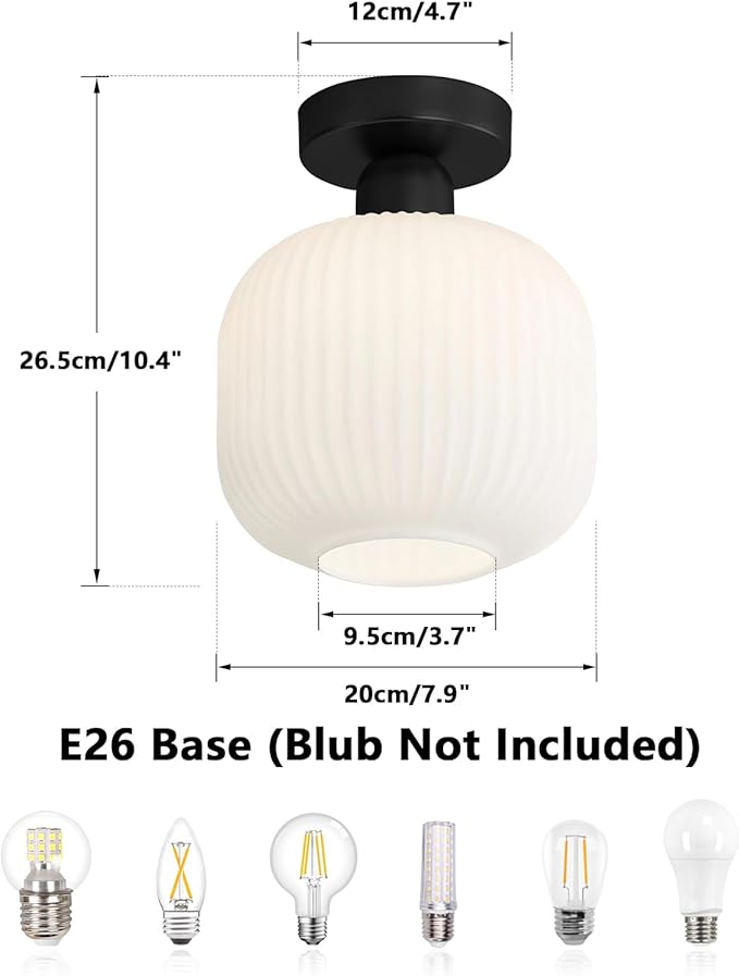 KCO Lighting Modern Farmhouse Black Semi Flush Mount Ceiling Light White Ribbed Glass Flush Mount Ceiling Light Small Hallway Light Fixtures Mid Century Bathroom Ceiling Lighting