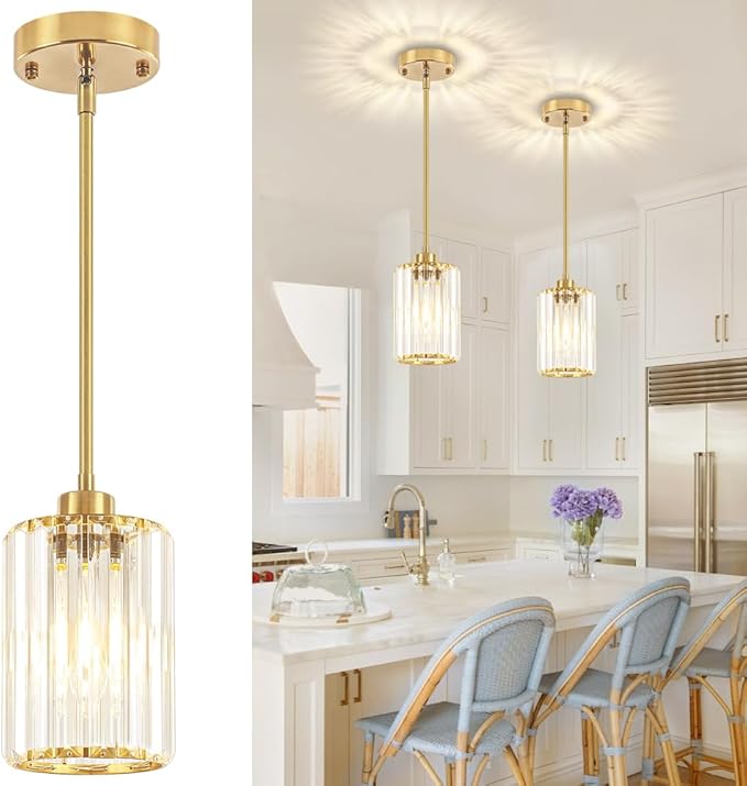 2 Pack Crystal Pendant Lights Kitchen Island, Brushed Brass Kitchen Pendant Lighting Over Island, Modern Dining Room Light Fixtures Adjustable Hanging Pendant Light for Bathroom Hallway Bedroom Foyer