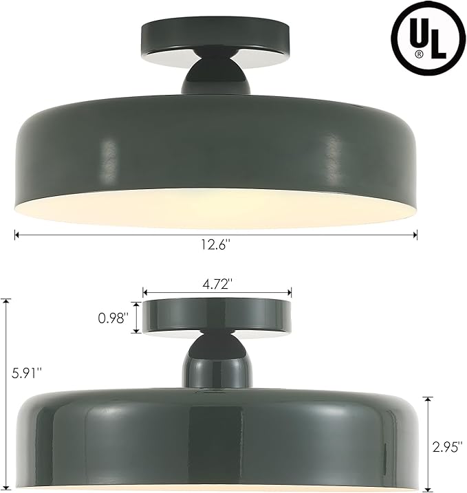 13-Inch Industrial Semi Flush Mount Ceiling Light Vintage Green Light Ceiling Mount Lamp Farmhouse Flush Mount Light Fixture for Hallway Bedroom Foyer Kitchen Entryway