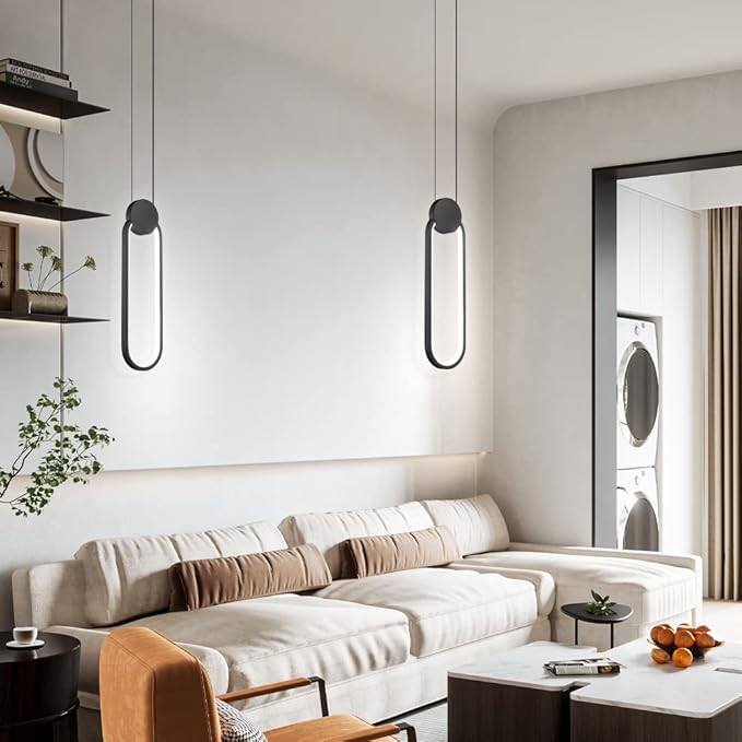 Modern Black LED Pendant Lights Fixtures, 2 Pack Minimalist Design Oval Pendant Lighting for Kitchen Island,Warm White Hanging Light for Bedroom Dining Room Bathroom 8W