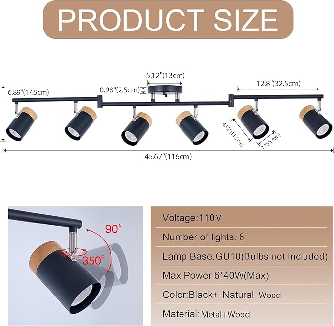 Black Track Lighting,6-Light,Flexible Beams and Rotation Spotlights, Natural Wood Track Lights for Kitchen,Bedroom, Closet,Art Show