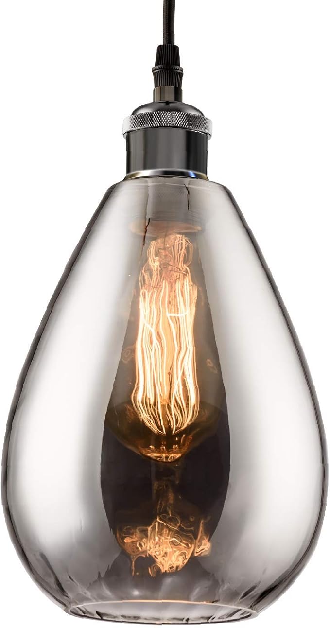 Industrial Glass Pendant Lights for Kitchen Island, Modern Teardrop Chrome Mirror Effect Lighting Fixture Edison Hanging Light for Farmhouse Bar Area Over Sink Dining Room (Bulb Not Included)