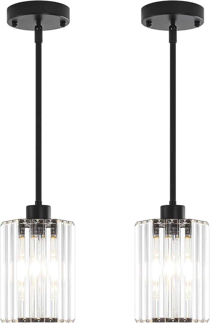 2-Pack Black Pendant Lights Kitchen Island Modern Crystal Hanging Pendant Light Hexagonal Mini Chandelier Adjustable Hanging Kitchen Lights for Dining Room Hallway Bedroom Entryway Light Fixtures
