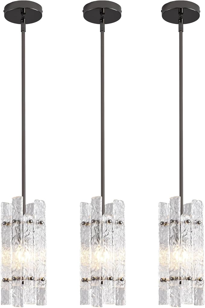 Modern Crystal Pendant Light for Kitchen Island, Pearl Black Luxury Mini Water Ripple Glass Chandelier Lights Fixture, Square Adjustable Hanging Pendant Lighting for Dining Room Bedroom (3-Pack)