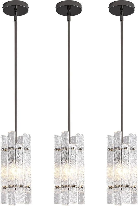 Modern Crystal Pendant Light for Kitchen Island, Pearl Black Luxury Mini Water Ripple Glass Chandelier Lights Fixture, Square Adjustable Hanging Pendant Lighting for Dining Room Bedroom (3-Pack)