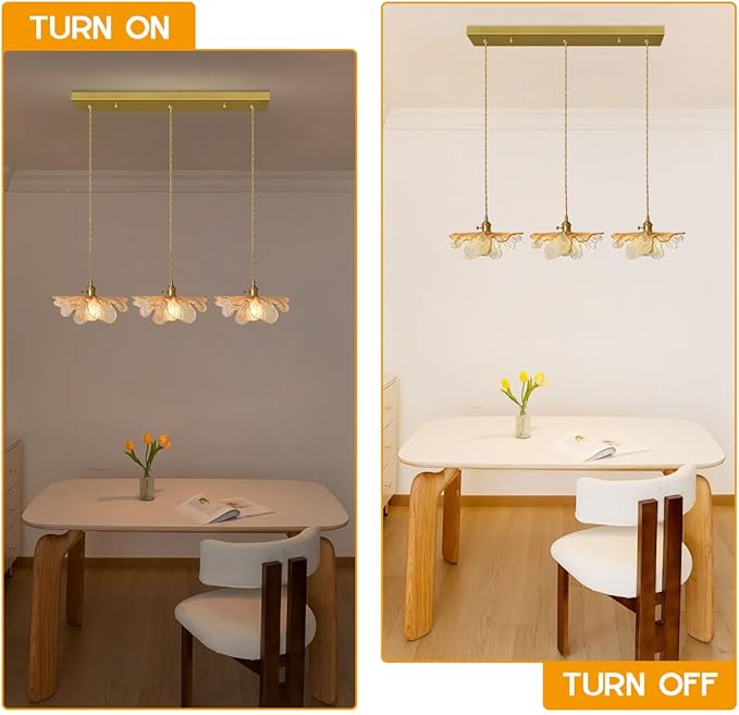Chandelier 3-Light Vintage Glass Ceiling Pendant Light Gold Linear Design Amber Glass Dining Room Light Fixtures Modern Chandelier for Kitchen Island Over Table