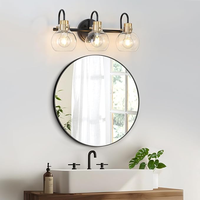 3 Lights Bathroom Light, Black Gold Vanity Light Fixture, Wall Sconces with Globe Clear Glass Shade, Farmhouse Wall Mount Lamp for Mirror, Kitchen, Porch, Living Room, Workshop