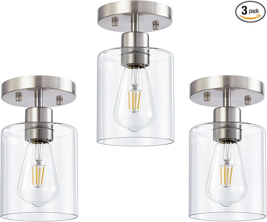 1-Light Semi Flush Mount Ceiling Lights, Brushed Nickel Kitchen Lighting Fixtures Ceiling, Modern Ceiling Light Fixtures with Clear Glass Shade for Hallway Foyer Entryway(3 Pack)