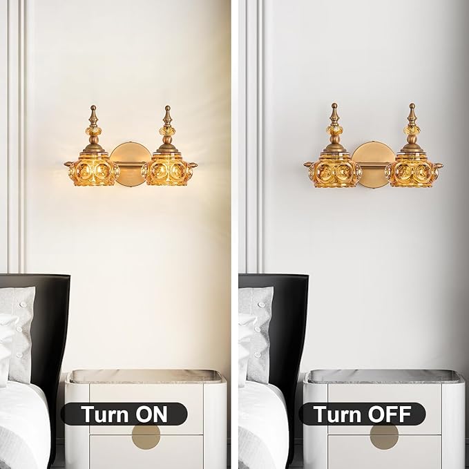 Vintage 2-Light Bathroom Lighting Amber Rose Vanity Light Fixtures Wall Sconce with Crystal Glass Shade Rust-Proof and Durable for Bedroom Living Room Hallway
