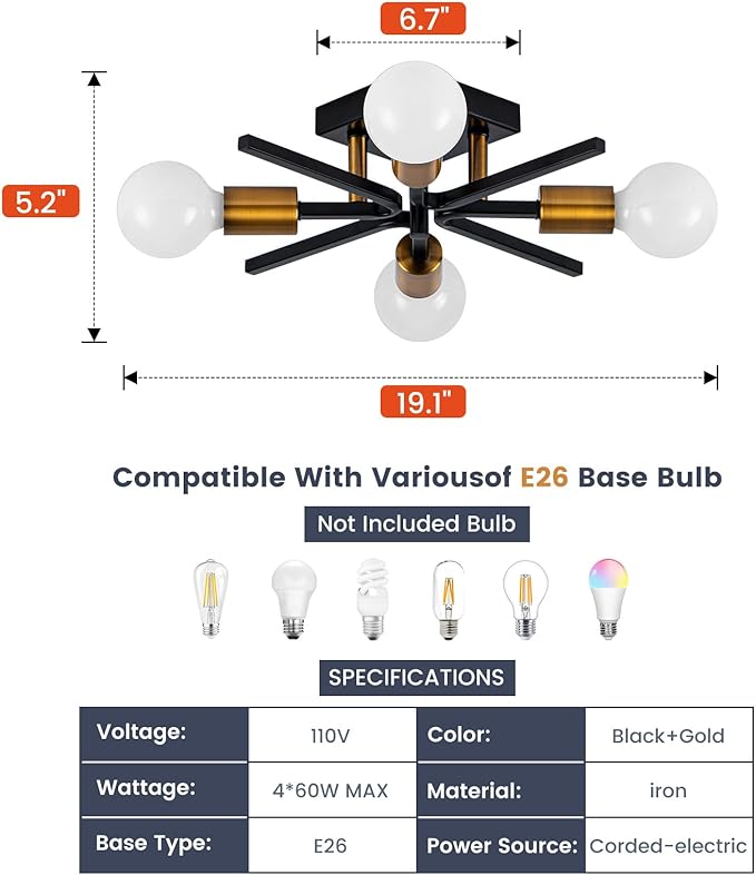 4 Light Sputnik Light Fixture Black Gold Flush Mount Lights Industrial Ceiling Light 19" Modern Farmhouse Ceiling Lights for Kitchen Bedroom Bathroom Foyer Hallway(E26)