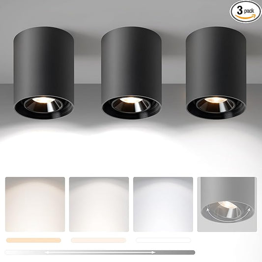 OKELI Black Modern LED Dimmable Ceiling Light Fixtures for Hallway Kitchen Entryway, 20W 1300LM 2700K-6000K Flush Mount Close to Ceiling Lighting, Cylinder Ceiling Lamps for Living Room 3pack