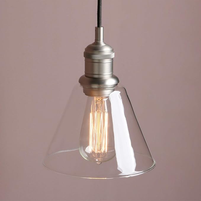Yosoan -Light Vintage Edison Hanging Pendant Light, Mini Funnel Flared Glass Clear Glass Shade for Kitchen Bathroom Porch Living Room Dinning Room Office Restaurants Hotels Bar Island (Brushed)