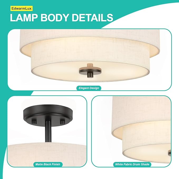3-Light Semi Flush Mount Ceiling Light Fixture, 12.6" Black Drum Light with White Fabric Shade,Modern Close to Ceiling Light for Living Room Bedroom Dining Room Kitchen Hallway Entry Foyer