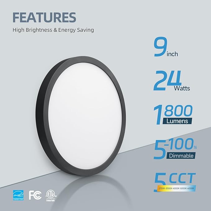 ECOELER LED Flush Mount Ceiling Light Fixture, 9inch Dimmable Round Ceiling Light, 24W 1800Lm, 5CCT Selectable Low Profile Slim Flat Panel Lights, ETL & FCC, Black