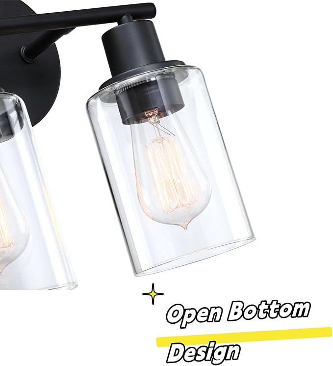 WISBEAM 2-Light Bathroom Vanity Light, Black Bathroom Light Fixtures with Clear Glass Shade Including E26 Medium Base, Bulb NOT Included, Vanity Light Over Mirror