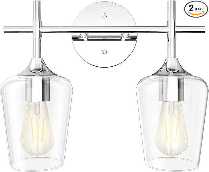 Ralbay Chrome Bathroom Light Fixtures 2-Lights with Clear Glass Modern Wall Mount Lighting Industrial Farmhouse Bathroom Vanity Lights Wall Sconce Chrome