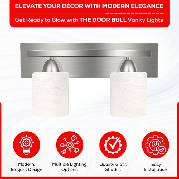 The Door Bull Modern 2-Light Bathroom Vanity Light – Brushed Nickel Fixture with Frosted Glass Shades, E26 Socket – Wall Sconce for Mirror, Bathroom, Kitchen, Hallway, Entryway