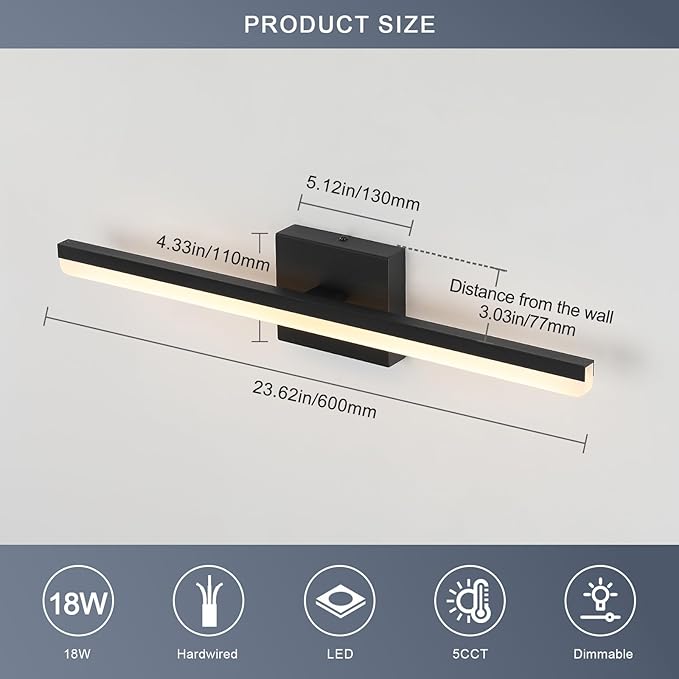 LED Modern Bathroom Vanity Light Fixtures 24 inch Dimmable 5CCT 18W Bathroom Light Over Mirror Black Wall Lighting Fixtures for Mirror 110V AC ETL Certificated