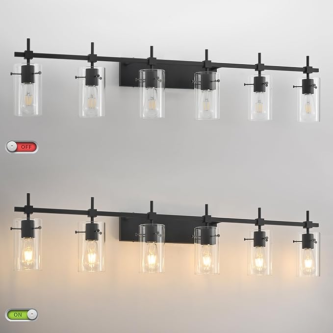 SOLFART Black Vanity Light fixtures 49.2 inch 6 Lights Wall Light Fixtures Above Mirror for Bathroom with Glass Shade (Exclude Bulb)