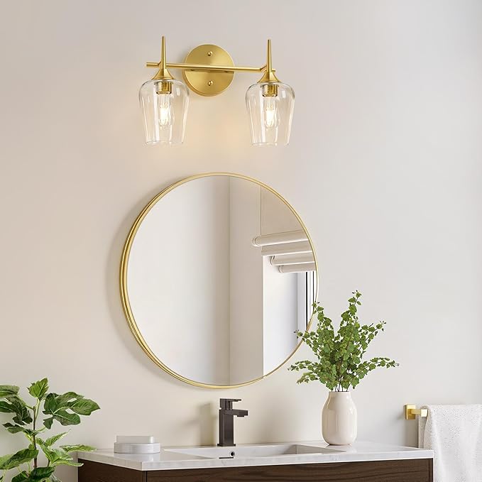 MOKATNG 2-Light Bathroom Light Fixtures, Gold Vanity Lights for Bathroom with Clear Glass, Bathroom Lighting Fixtures Over Mirror, Modern Wall lamp for Cabinet Hallway