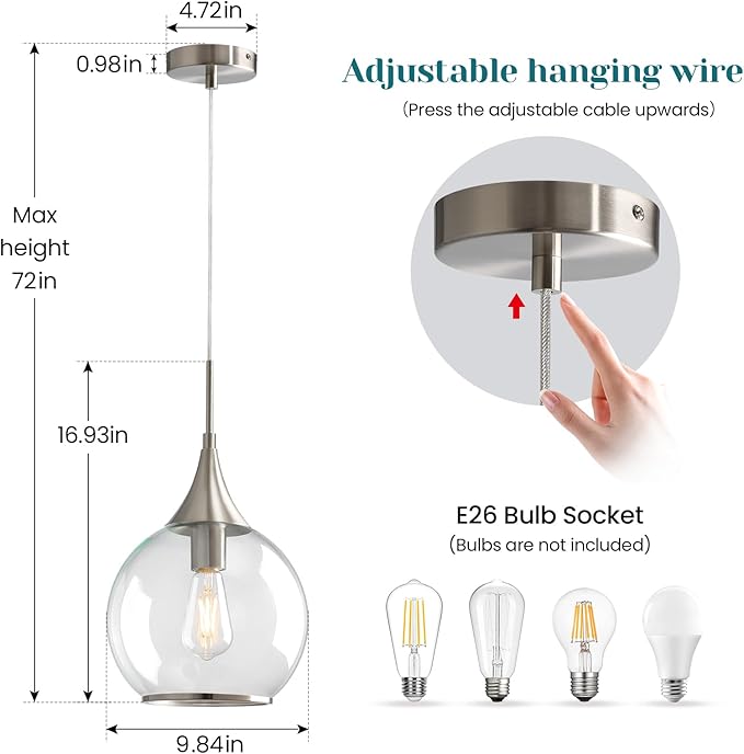 Pendant Lights Kitchen Island: 3 Pack Brushed Nickel Light Fixture Modern with Clear Glass - 10 Inch Mid Century Globe Kitchen Lighting Fixtures Ceiling for Bar