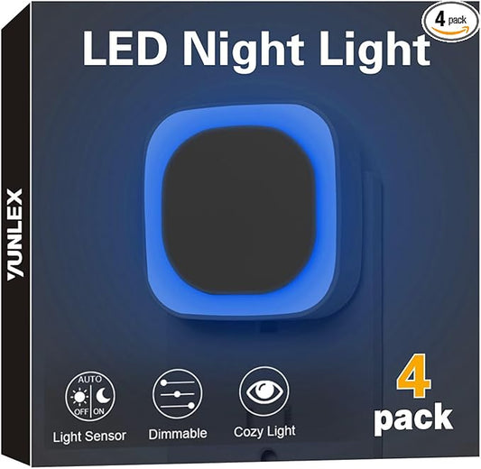 YUNLEX 4 Pack Azure Night Light, Crisp Modern Glow with Dimmable Soft Light & Indirect Reflection, Auto Dusk to Dawn Sensor, Plug in LED Nightlight for Bathroom,Toilet, Kitchen Counter, Modern Decor