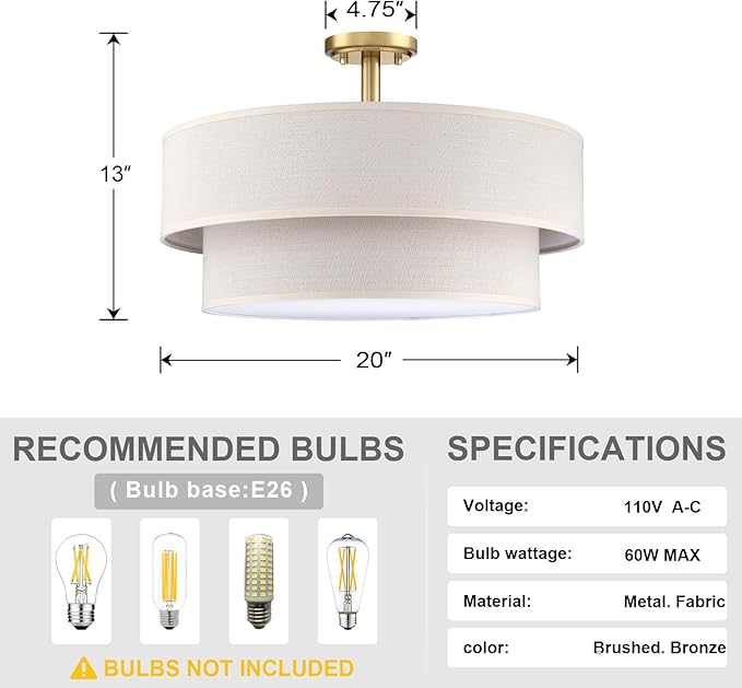 4 Light Semi Flush Mount Close to Ceiling Light Fixture,Cream Linen Fabric Shade Brushed Bronze Finish 20 inch for Bedroom,Living Room,Dining Room Hallway
