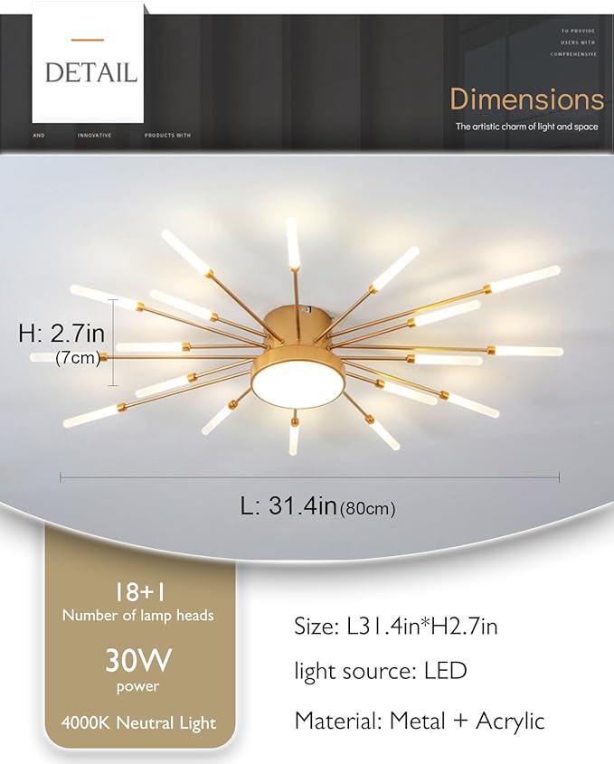 4000K Sputnik Metal Firework Designed Chandelier 18+1 Lights LED Ceiling Light Fixture Modern Flower Shape Ceiling Lamp Gold Flush Mount Ceiling Light for Living Room Bedroom Entryway Light Fixture