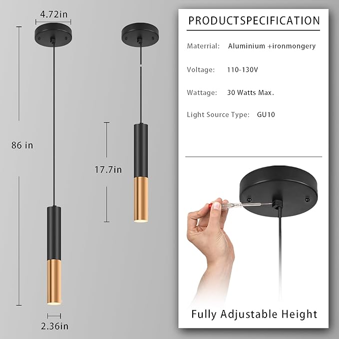 Modern Black and Gold Pendant Light Fixture for Kitchen Island, 1-Light Pendant Lighting with GU10 LED Bulb Ceiling Hanging Lights Cord Adjustable for Living Room Bedroom Dining Room