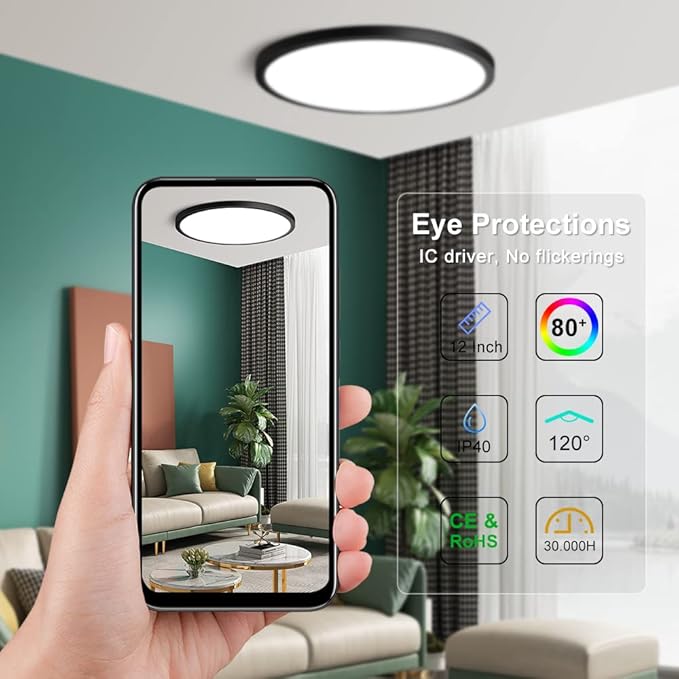 12 Inch 24W LED Flush Mount Ceiling Light, Daylight White 5000K, Round LED Ceiling Light, 3200LM, Black Low Profile for Bedroom Closet Stairwell Hallway Kitchen