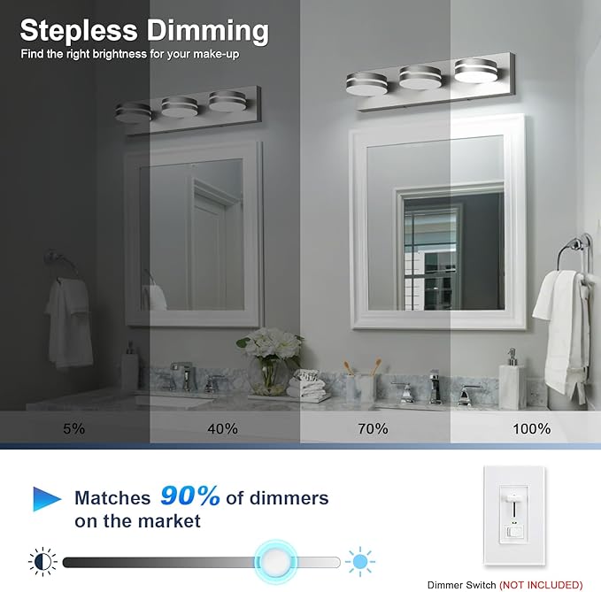 Vanity Lights for Bathroom, 18.9in Brushed Nickel Bathroom Light Fixtures Over Mirror, 3-Light Modern LED Wall Sconce Makeup Lighting, 350° Rotatable, Dimmable 6000K Cool White, Hardwired