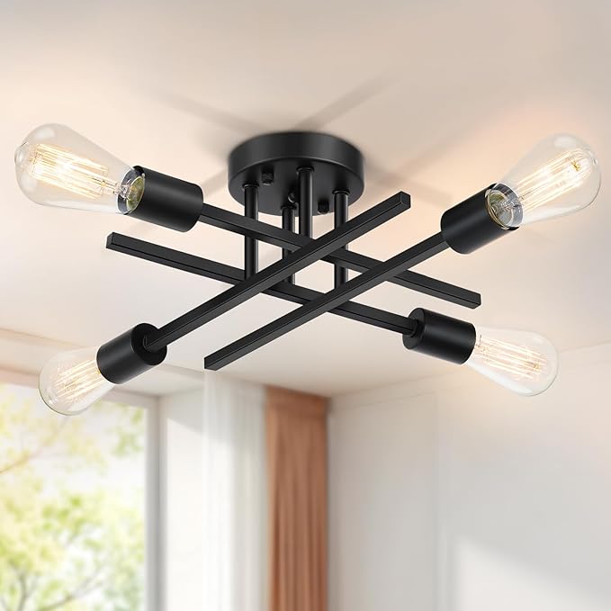 SunRider Industrial 4-Light Semi Flush Mount Ceiling Light Fixture, Indoor Farmhouse Lights Matte Black, Rustic Sputnik Chandelier for Kitchen, Large