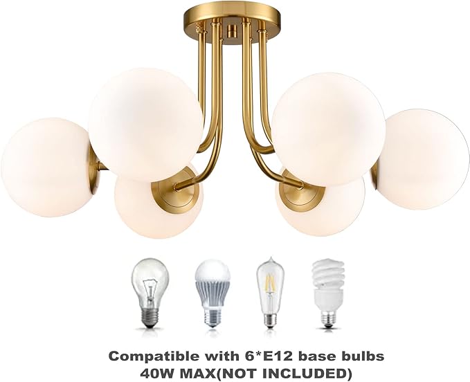 Modern Brushed Brass Gold 6-Light Ceiling Light with Globe White Glass Shade Semi Flush Mount Light Fixture for Dinning Room Foyer Hallway Sputnik Chandeliers