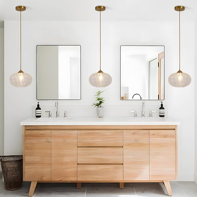 KCO Lighting Clear Ribbed Glass Pendant Light Vintage Brass Gold Pendant Lighting Large Globe Pendant Lights Kitchen Island Mid Century Modern Hanging Light for Living Room
