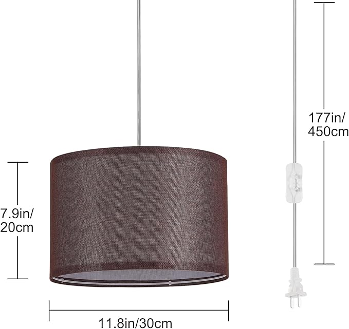 2 Pack Plug in Pendant Light, Hanging Light with 15Ft Clear Cord, On/Off Switch, Coffee Fabric Lamp Shade, Hanging Light Fixture for Bedroom, Kitchen