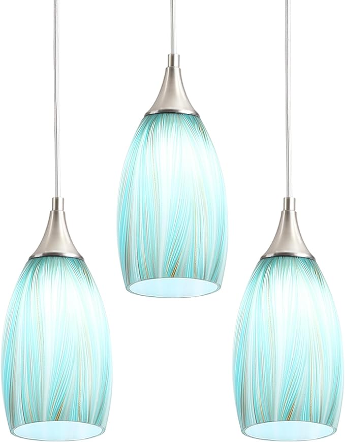 GLADFRESIT Sky Blue Serenity Pendant Light for Kitchen Islands – Artisanal Elegance with Adjustable Nylon Core and Ceramic Holder, Pack of 3 for Dining Room, Entryway (Bulb Excluded)