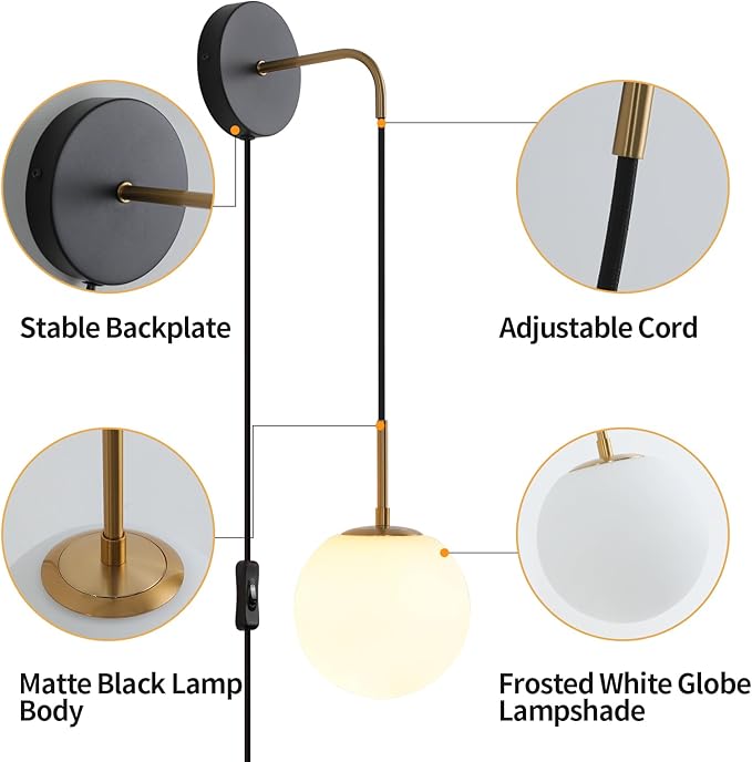 KUZZULL Plug in Wall Sconces Set of 2 Black and Brass Gold Wall Sconces Set of Two Plug in Hanging Wall Lamp with Plug in Cord with Globe White Glass Shade Vintage Wall Lights with Switch for Bedside
