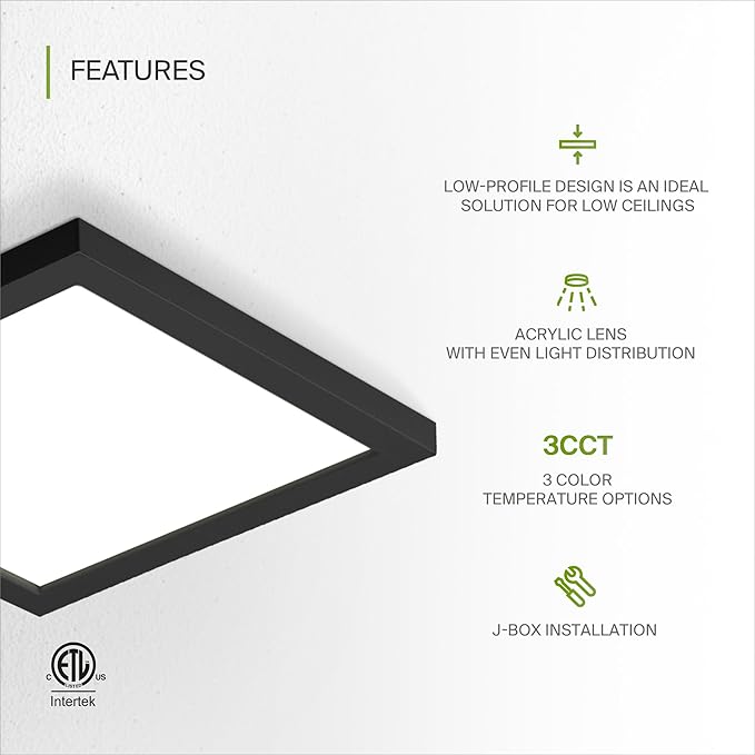 ASD LED 9" Square Flush Mount Light | 18W 1270LM 3000-5000K 120V | 3CCT, Dimmable, Ultra Slim, ETL Listed | Thin Surface Lamp, Bedroom Ceiling Lighting | Black, 6 Pack