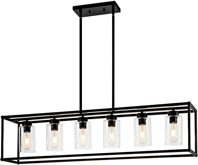 6 Light Dining Room Light Fixture Black Farmhouse Chandelier Kitchen Island Pendant Lighting Rectangle Modern Industrial Living Room Hanging Lights Adjustable Height