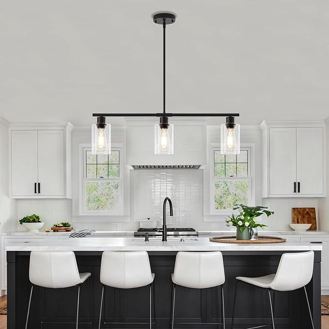 Modern Island Lights for Kitchen, Clear Glass Pendant Lighting Over Island Kitchen Hanging Light Fixtures 3-Light Black Farmhouse Chandelier for Dining Room Foyer Living Room