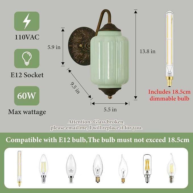 Vintage Milk Glass Wall Sconce - Green Dimmable Indoor Wall Lighting with Bulb - Antique Embossed Brass Gold Sconces - Mid Century Vanity Light Fixture for Bathroom Bedroom Living Room Hallway Decor