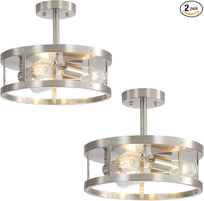 2 Pack Close to Ceiling Lights, Brushed Nickel Semi Flush Mount Ceiling Light Fixture, 13 Inch Adjustable Height Metal Cage Indoor Ceiling Lights for Kitchen Hallway Bedroom Laundry, Easy Assembled