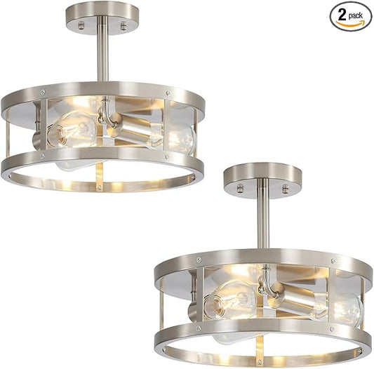 2 Pack Close to Ceiling Lights, Brushed Nickel Semi Flush Mount Ceiling Light Fixture, 13 Inch Adjustable Height Metal Cage Indoor Ceiling Lights for Kitchen Hallway Bedroom Laundry, Easy Assembled