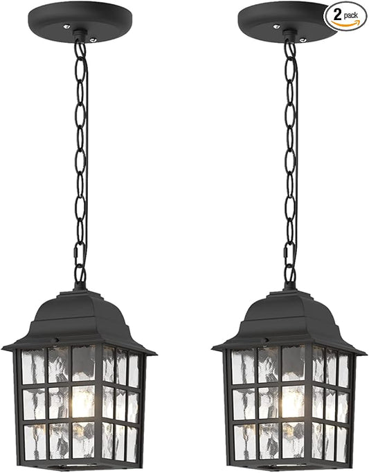 Outdoor Pendant Light 2 Pack, Exterior Ceiling Hanging Lantern Porch Light with Water Glass, 1-Light Outdoor Hanging Lantern Light Black Exterior Pendant Lighting Fixture for Porch