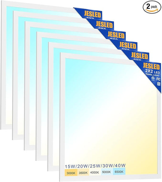 JESLED 6Pack 2x2 led Flat Panel Light, 6000LM, Drop Ceiling Lights Fixture for Office Kitchen Basement Laundry, 15W/20W/25W/30W/40W Selectable, 5CCT Switchable, 0-10V Dimmable, DLC ETL Listed