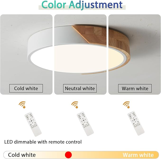 Flush Mount Ceiling Light, Ceiling Light Fixture Minimalist Wood 30W, Dimmable 3000K/4000K/6500K with Remote, 15.7 inch Modern Light Fixture Ceiling for Kitchen Bedroom Hallway Living Room